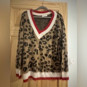 Chic Leopard V-Neck Sweater with Red Accents